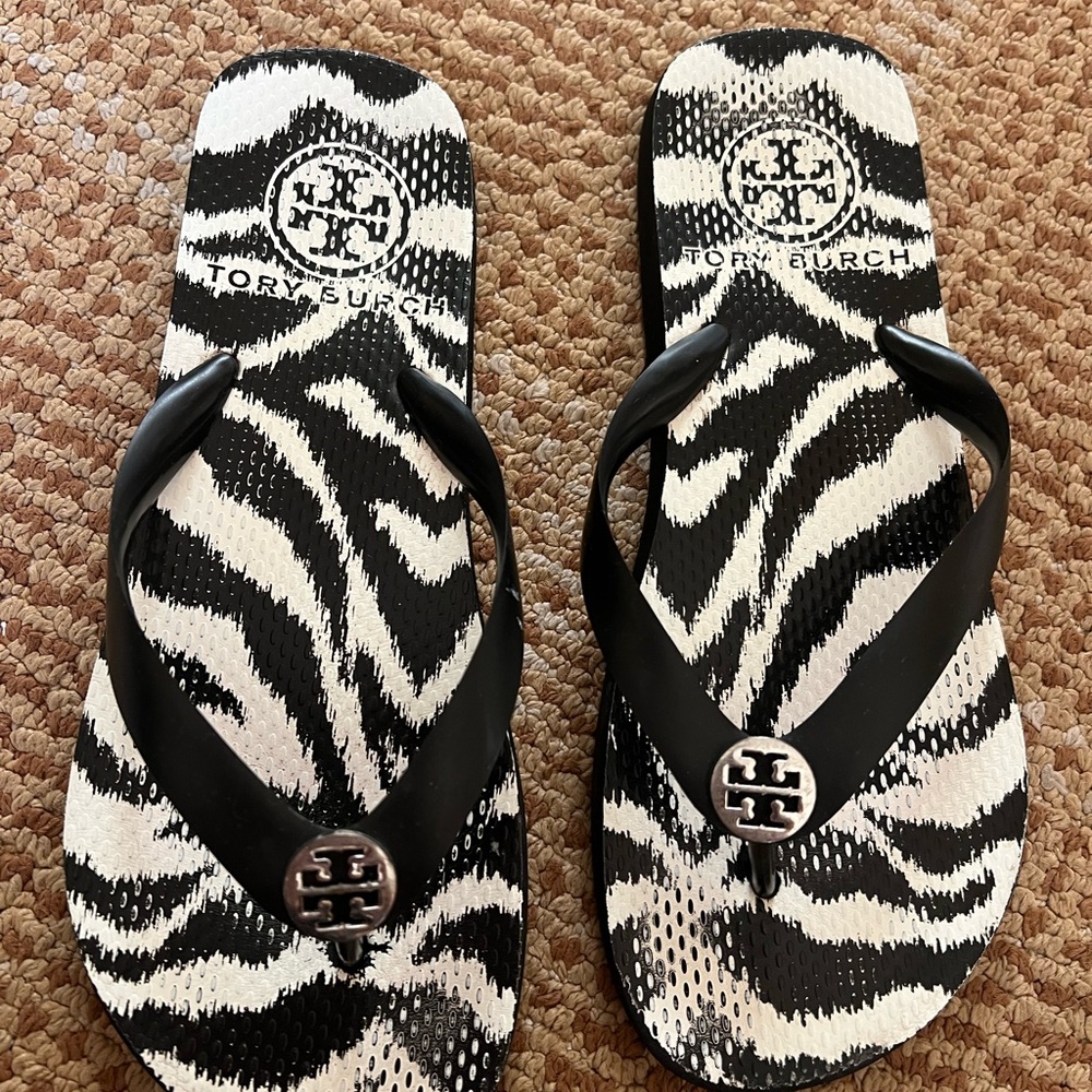 Tory Burch Black and White Zebra Flip Flops